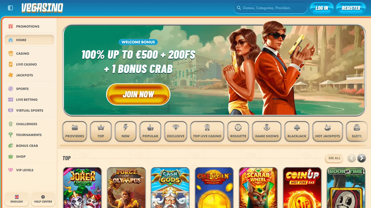Vegasino Casino home screen on desktop with casino and betting options