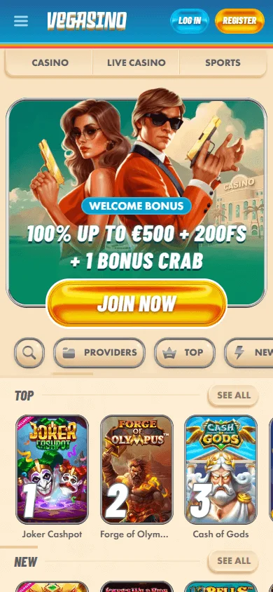 Vegasino Casino home screen in a mobile browser