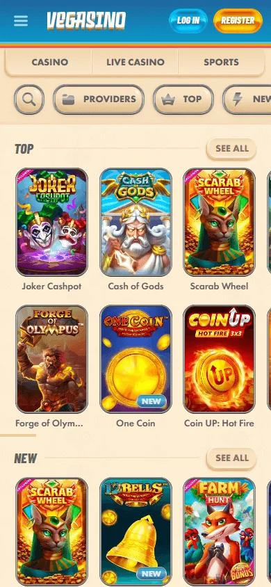 Vegasino Casino games area displayed on a mobile browser