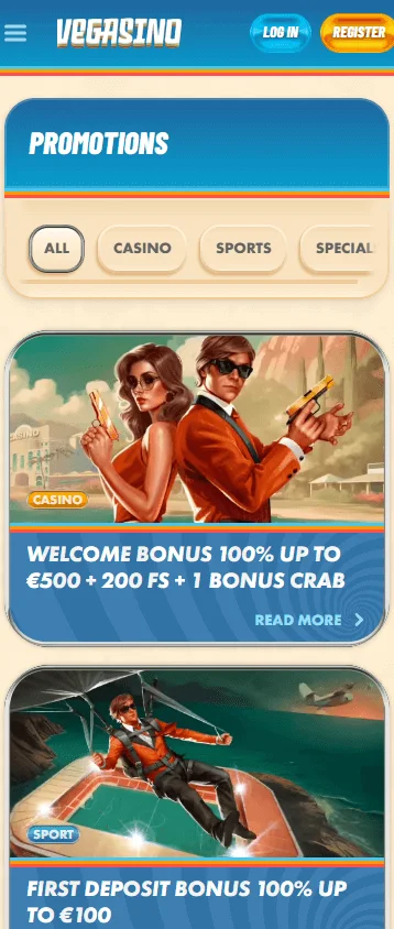 Vegasino Casino promotions area displayed on a mobile browser