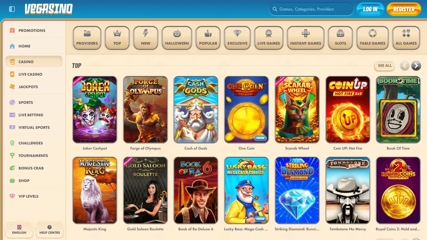 Vegasino Casino desktop games area with pokies and casino categories