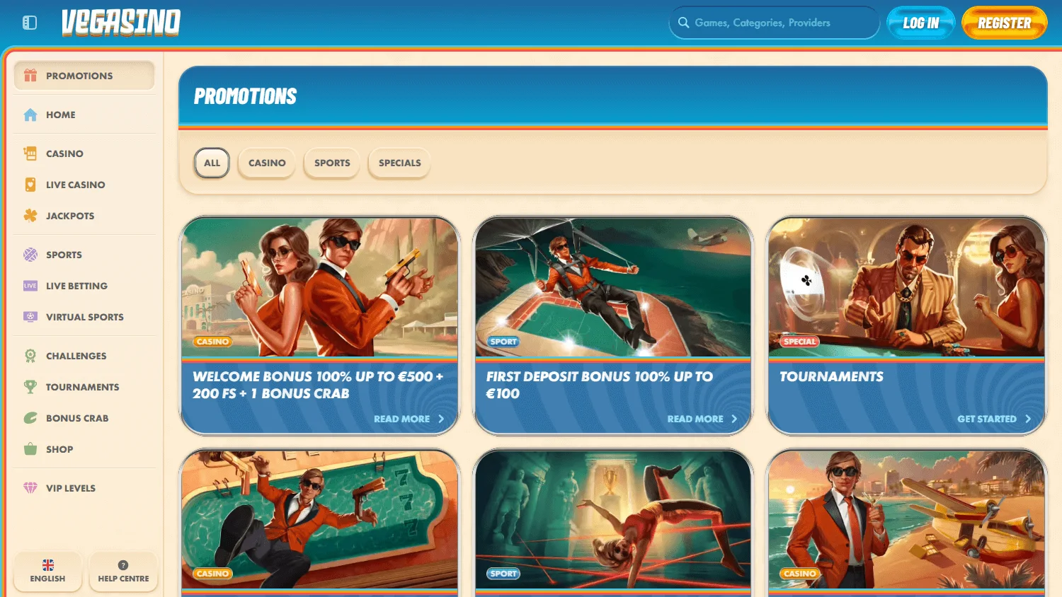Vegasino Casino desktop promotions area with bonuses and cashback offers